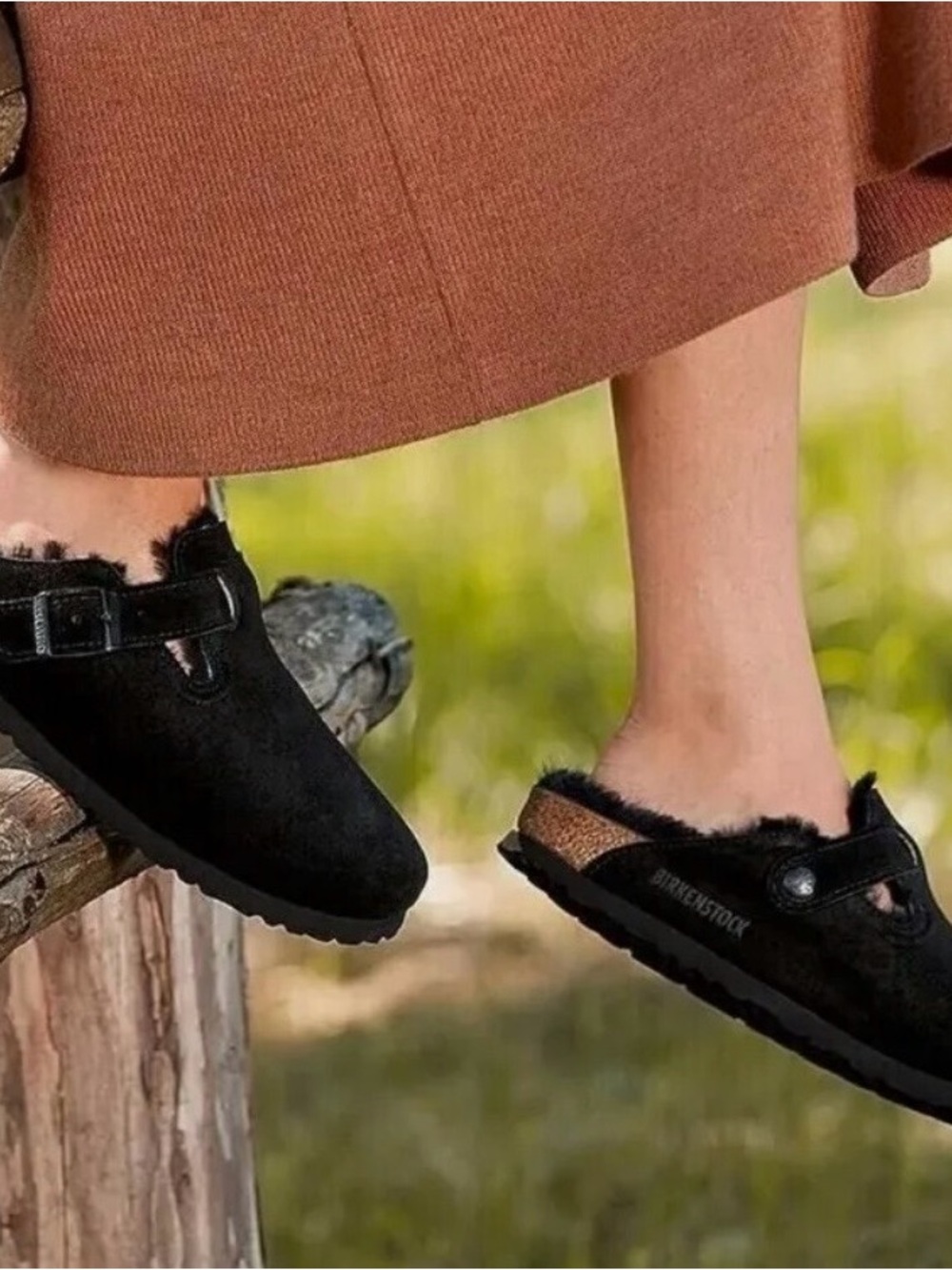 Birkenstock Black Suede Shearling Clog with Brown Accent
